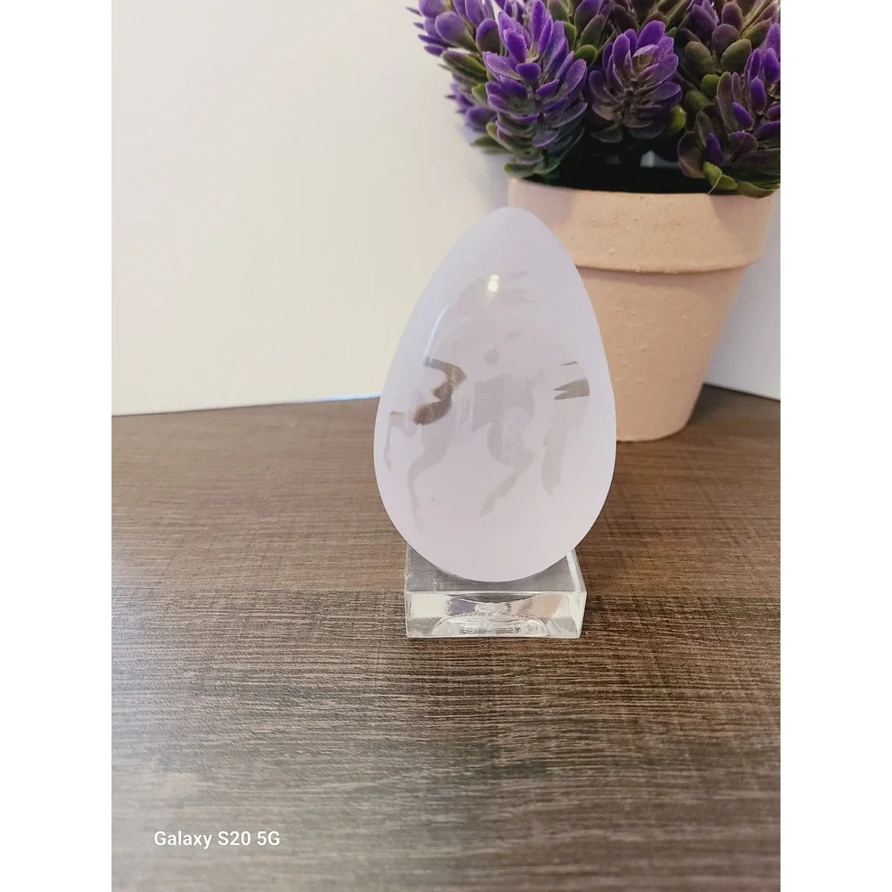 Frosted Glass Unicorn Etched Egg Figurine with Clear Square‎ Display Stand